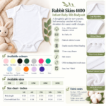 Custom Infant Baby Bodysuit Rabbit Skins 4400 showing available colours, infant sizes, fabric features, and size chart