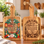 Bless This Kitchen acacia wood cutting boards featuring UV printed and laser engraved design options
