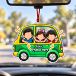 Custom acrylic car ornaments with colourful UV printed artwork and personalized photo options