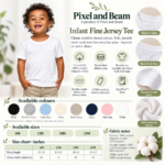 Custom Infant Fine Jersey Tee Rabbit Skins 3322 showing available colours, infant sizes, fabric details and size chart