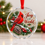 Christmas crystal glass ornament featuring a red cardinal with Joy to the World design