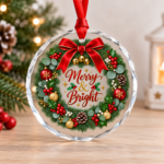 Christmas crystal glass ornament featuring a festive wreath with Merry and Bright design