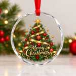 Christmas crystal glass ornament featuring a decorated Christmas tree with Merry Christmas design