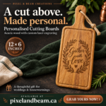 Personalized acacia wood cutting board with custom laser engraved Gather With Love design