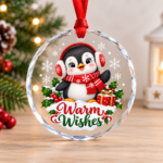 Christmas crystal glass ornament featuring a cute penguin with Warm Wishes holiday design